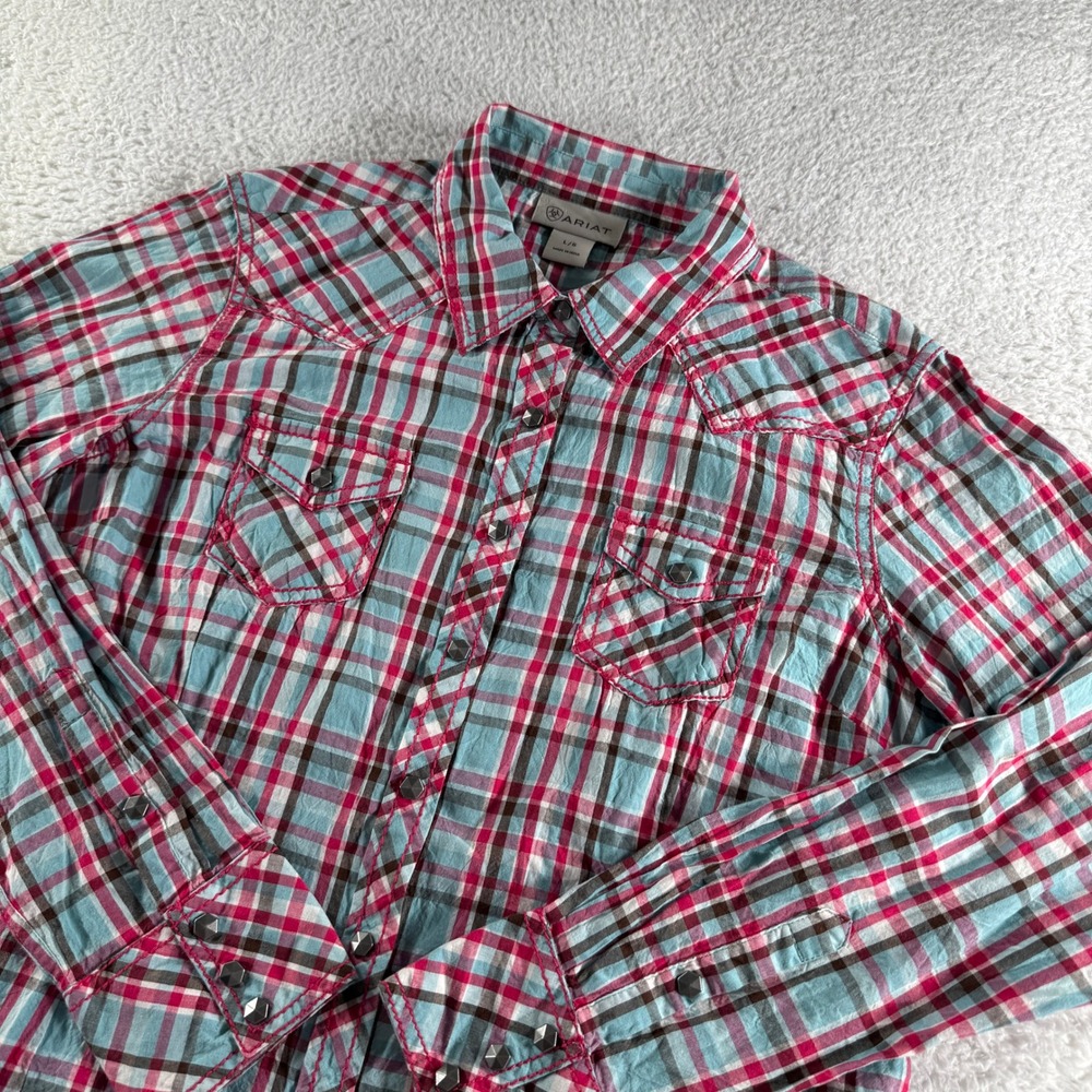 Ariat Plaid Western Snap Shirt Womens Large Blue Pink Pre-owned Cowgirl Top